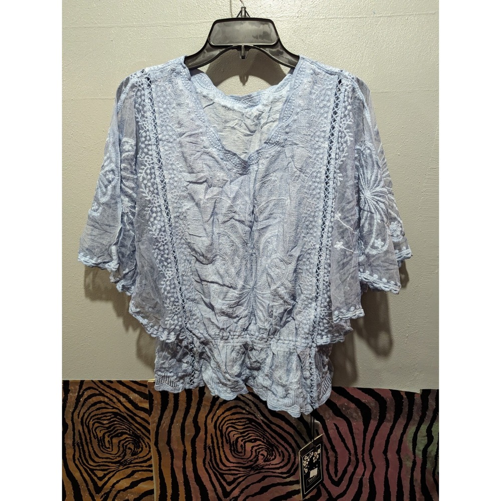 Vxuanni‎ womens L sheer butterfly sleeve baby blue embroidered design shirt top